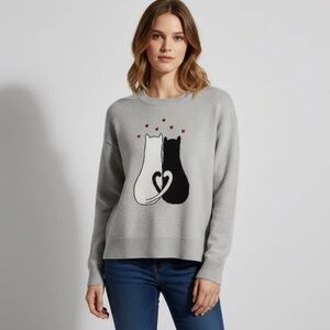 Anthropologie Calligraphie Novelty Sweater Love Hearts Cat Kitty Christmas NEW L